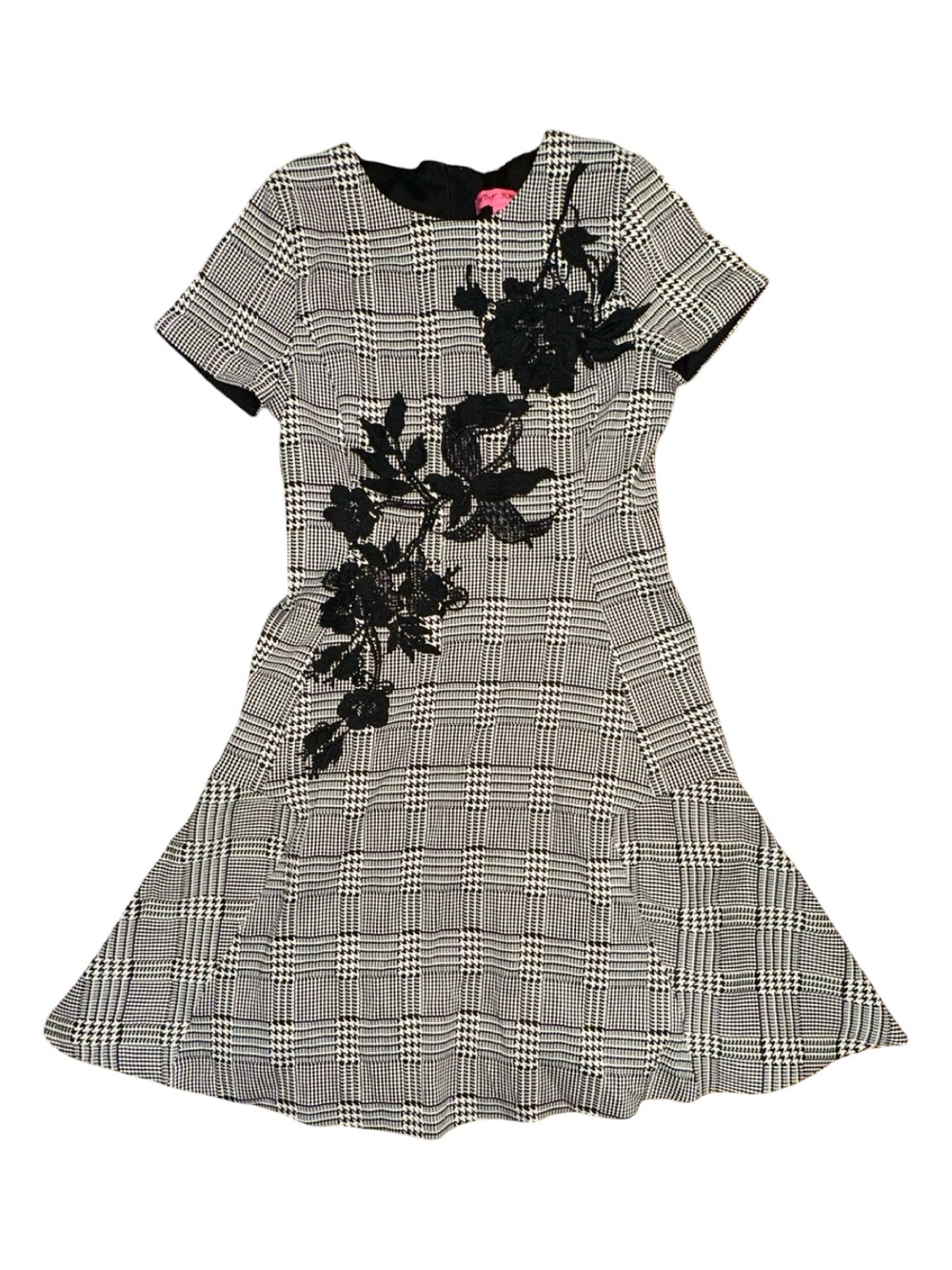 Betsey Johnson Black & White Plaid Dress with Black Floral Appliqué, 0